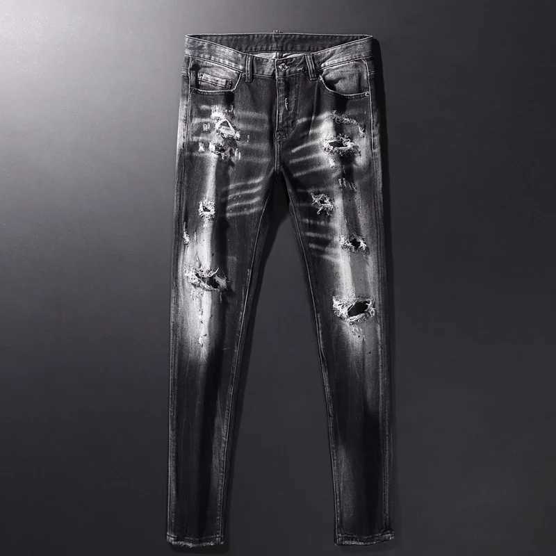 2023 Fashion New Black Gray Mens Jeans Scratch Painting Washed Water Nostalgic Stretch Slim Fit Jeans High Street Hip Hop B X250812