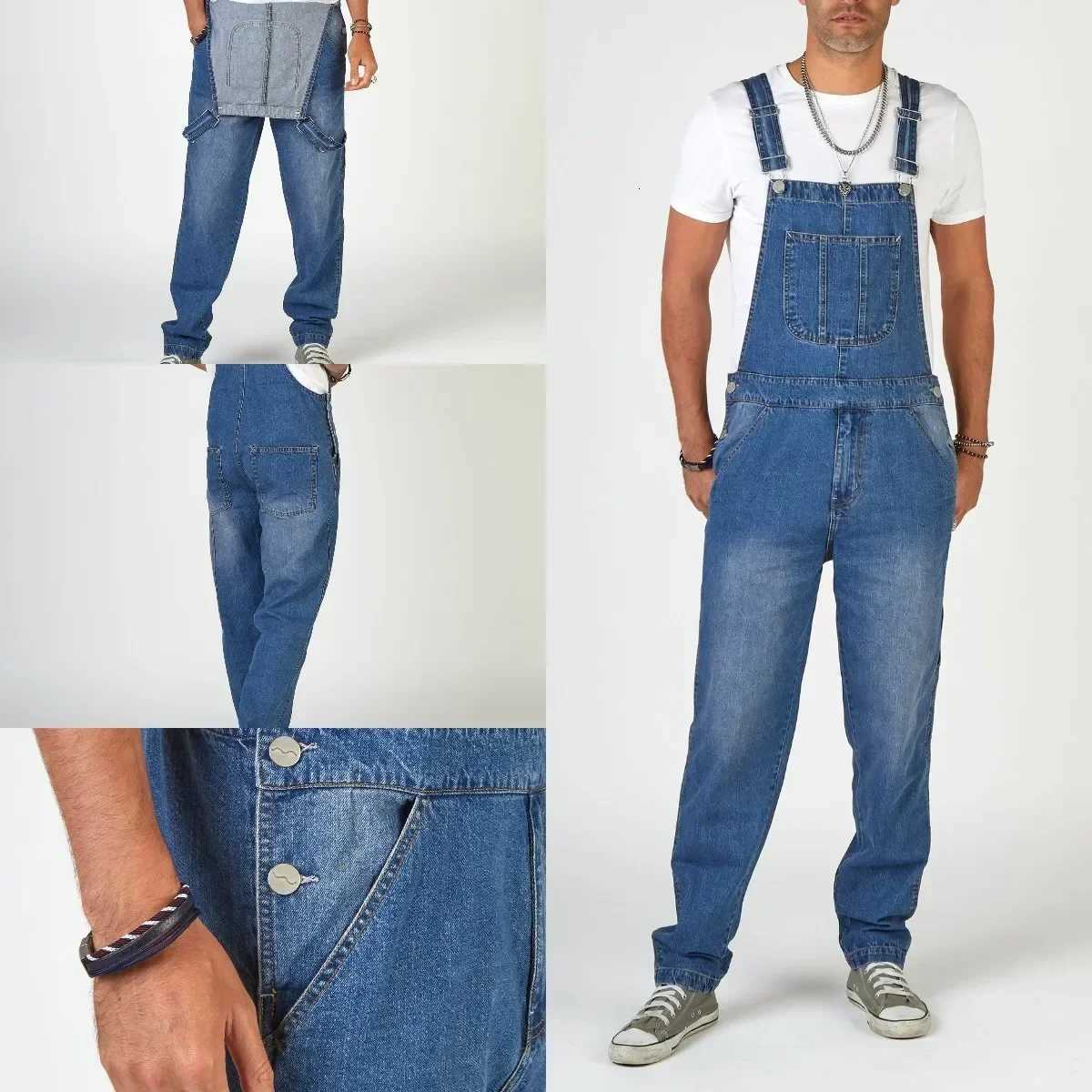 Men Jeans Denim Overalls Jumpsuits Pencil Pants Solid Washing Mid Waist Cargo Pockets One Piece Casual Ankle Length 2025 Romper X250812