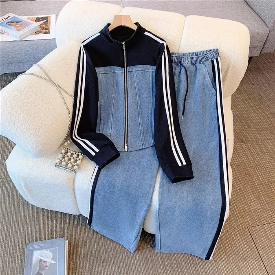 Women Denim 2 Piece Set Striped Long Jacket Lace Up Washed Distressed Wide Leg Pant Autumn Female 2025 Streetwear Matching Sets 250808