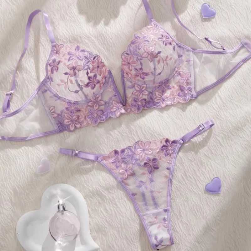 Sexy Lingerie Set Women Transparent Bralette Underwire 2 Piece Bra Floral Embroidery Push Up Bra Panty and Panty Set UnderwearXJ250812