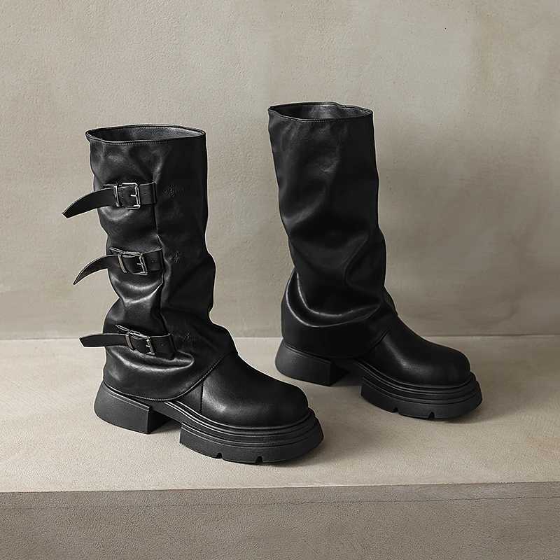 Round Toe Belt Buckle Wen Boots Fion Flat Sole Mid Calf Autumn Niche Design Patent Leather Solid Wen Shoes New Arrivals Y250812