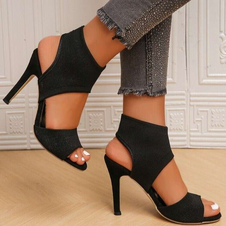 2025 Summer Designer New Large Size High Heels Black Flyknit Stiletto Peep Toe Sandals Women