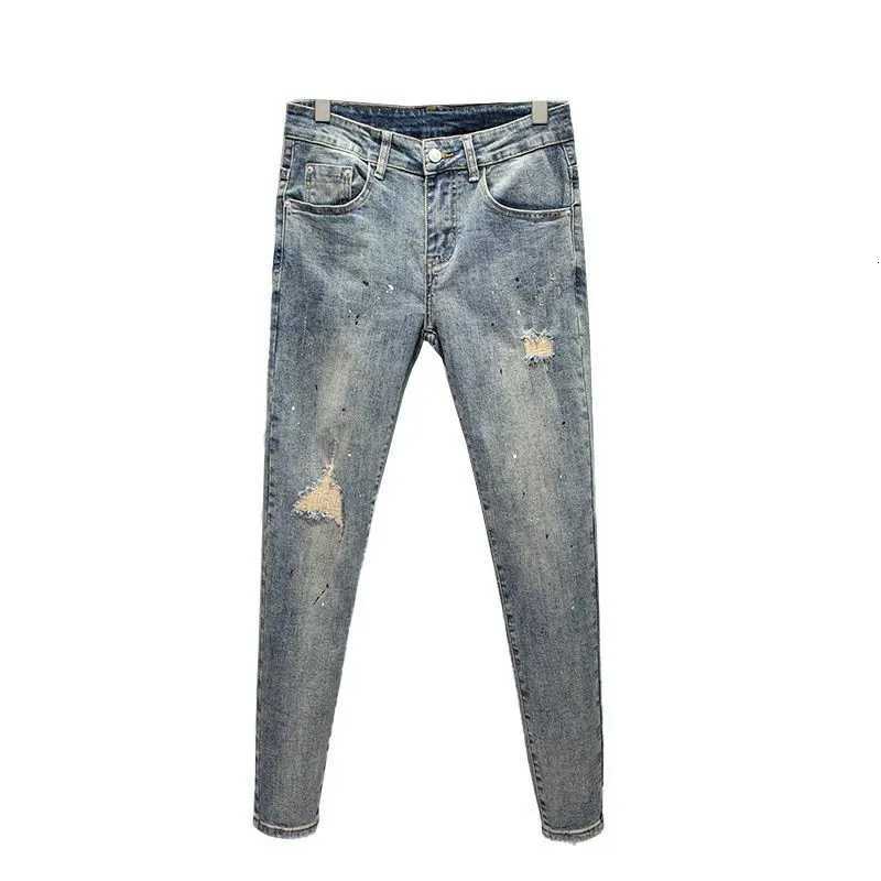 Stylish Mens Casual Cotton Trousers Korean Style Blue Slim Jeans with Distressed Holes Paint Splatters for Summer Youth Pants X250812