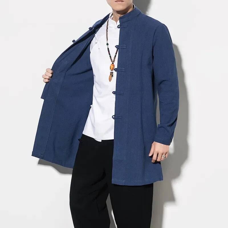 Men's Chinese Style Long Tang Suit Tops Cotton Linen Solid Color Kung Fu Shirts Men Traditional Hanfu Shirt Plus Size 5XL ddmymarket