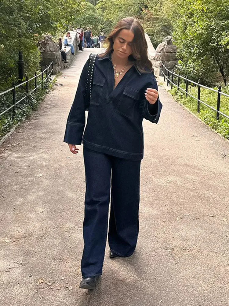 Denim Coat Trouser Women 2 Pieces Set Lapel Full Sleeves Pullover Floor Length High Waist Wide Leg Pants Female Spring Suit 250806