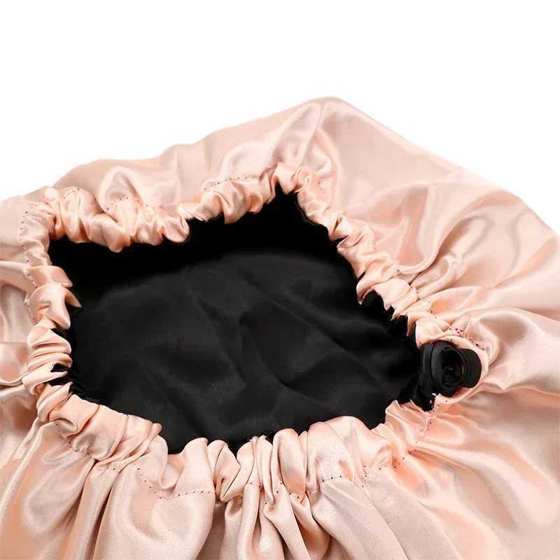 Adjustable Double Layer Satin Bonnet Nightcap Double-Sided Women Round Shower Caps Night Sleep Polyester Hat Solid Black Lining XJ250812