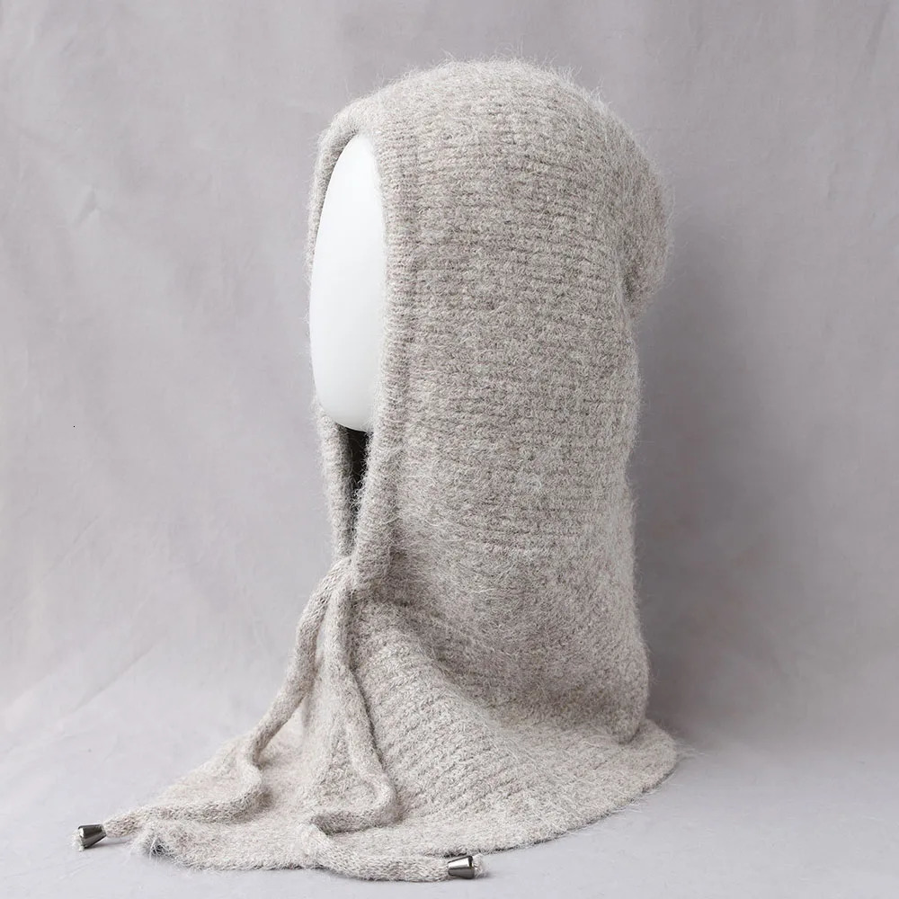 Unisex 100%Wool Knitted Balaclava Winter Ear Face Neck Protect One-Piece Scarf Hat Soft Warm Hooded Beanies Twist False Collar 250808