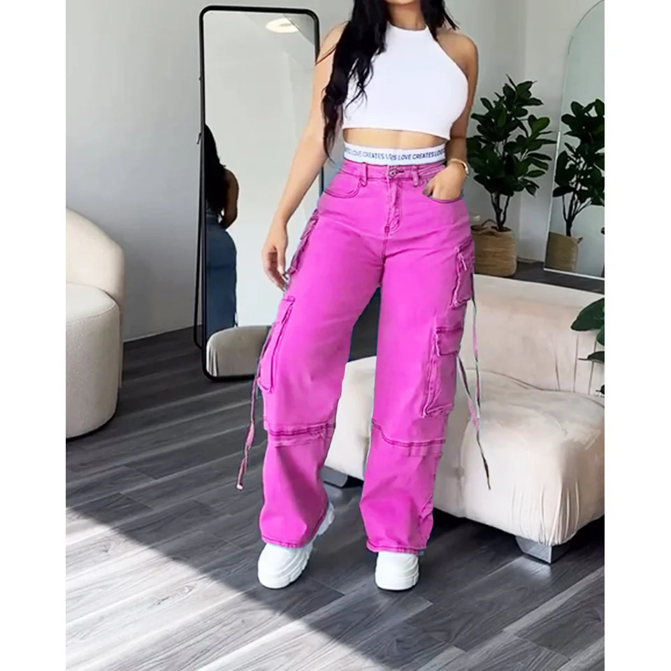 Denim Straight Jeans Wide Leg Women High Waist Loose Pants Y2K Trousers Hip-hop Streetwear Waist Colorblocked Loose Jeans 250811