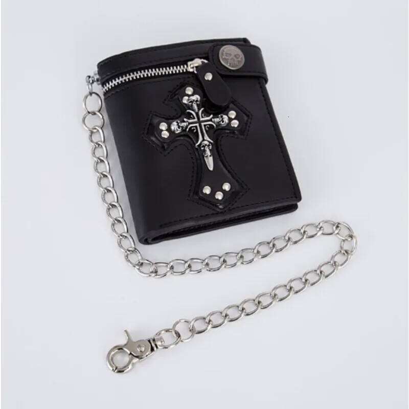 1pcs Gothic Leather Wallet with Vintage Chain & Rivets Skull Cross Design Coin Purse Punk Rock Accessories