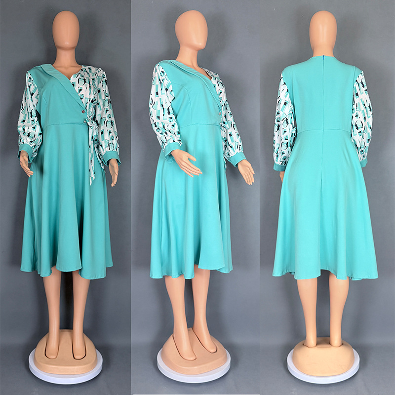 H84Cross-border popular women's clothing African print patchwork color skirt long sleeve dress