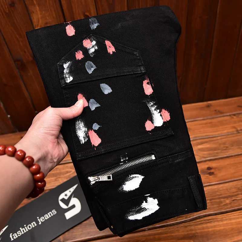 High-end Street Fashion Trendy Brand Mens Slim Fit Ink-splashed Printed Zipper Black Motorcycle Jeans X250812