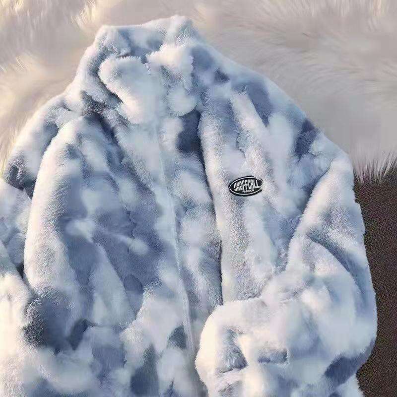Tie dye lamb wool zipper jacket for women in plus size, winter thick lamb wool, new loose fit