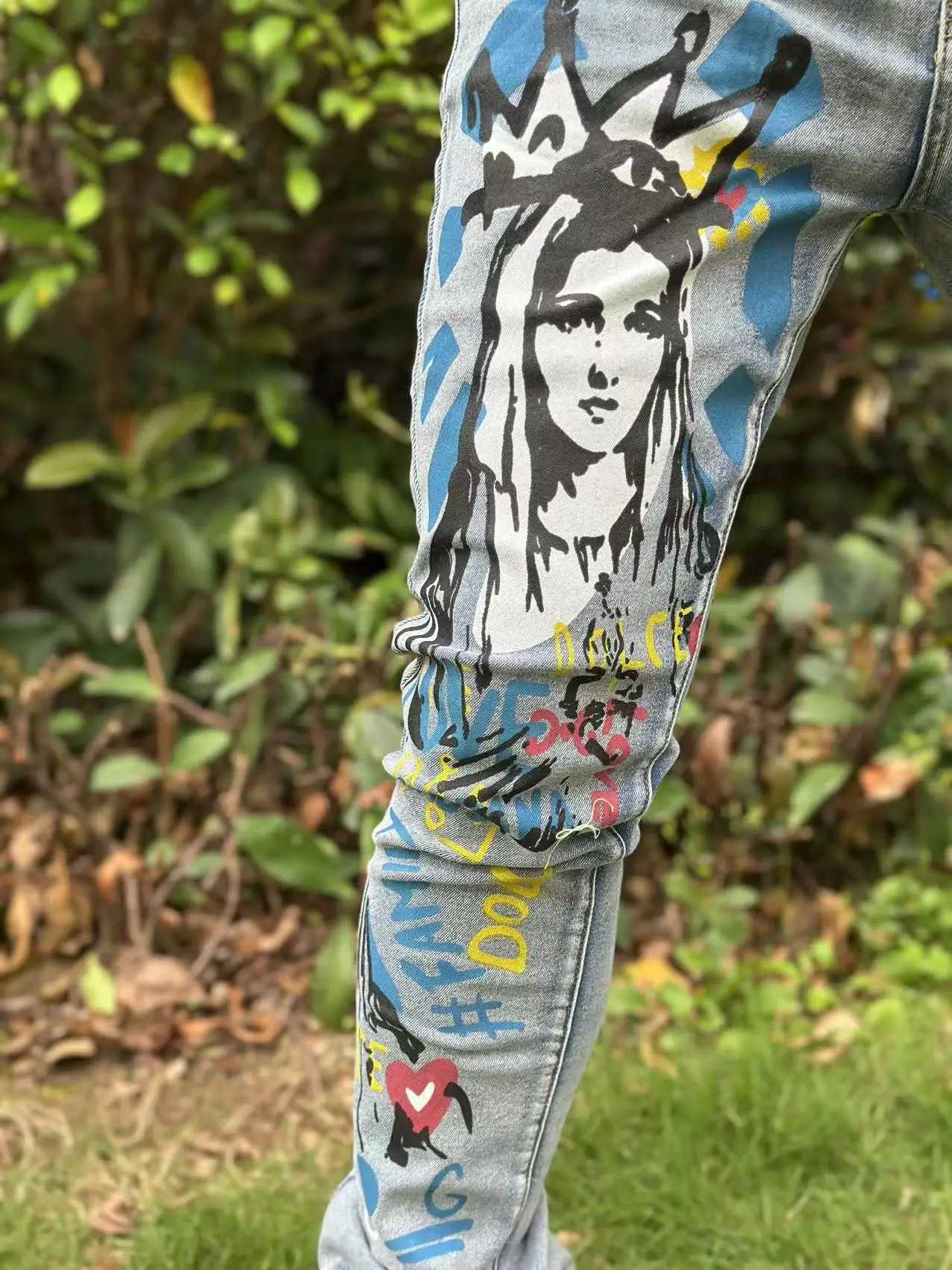 Street casual wear mens jeans fashionable prints classic style trousers with a waist-cinching design. Light Blue Version X250812