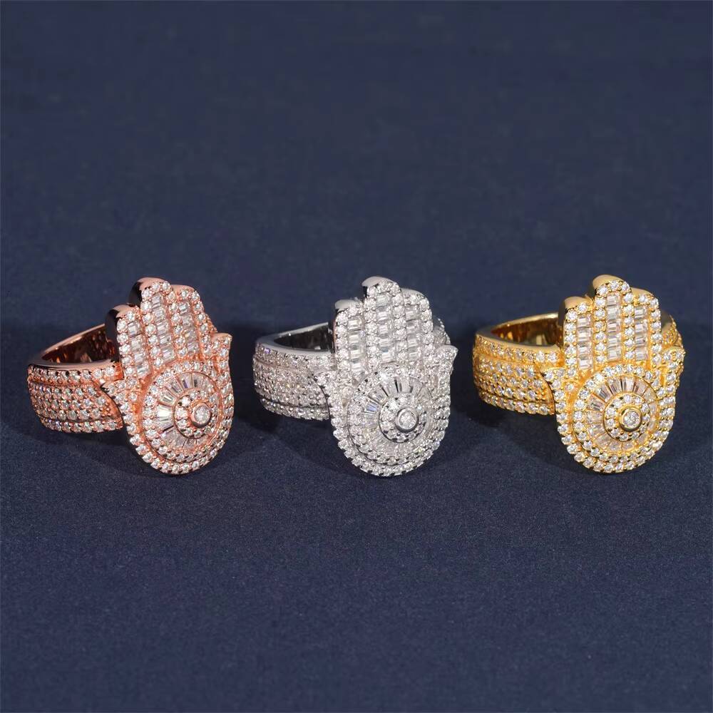 New Arrivals Mens Hip Hop Fashion Jewelry 925 Sterling Silver Iced Out Hamsa Hand Rings with VVS Moissanite Diamond Mens Style