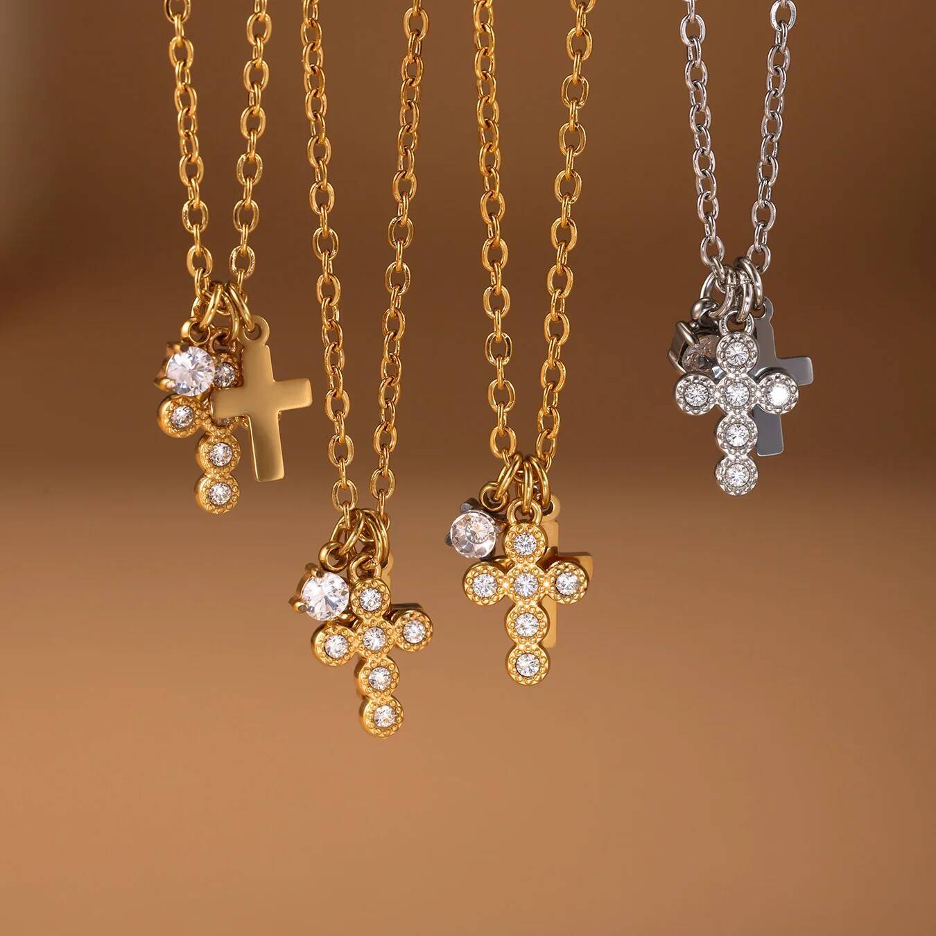 Nivora Stainless Steel Zircon Double Layer Cross Pendant Chain Necklace For Women PVD Gold Plated Neck Daily Wear Party Jewelry