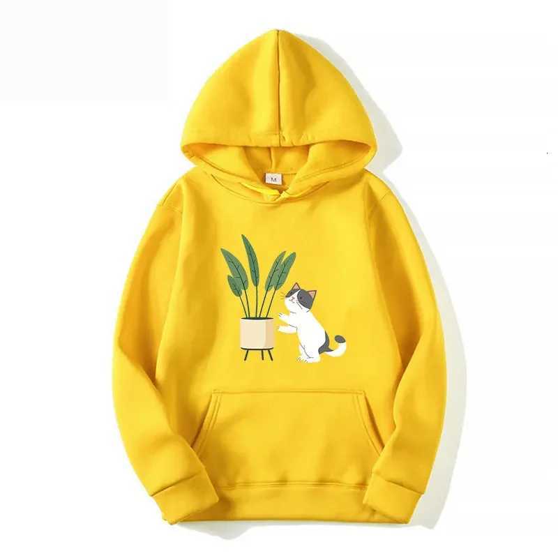 Teens Cute Cat and Plant Print Hoodies Casual Couple Hip Hop Streetwear Spring Long Sleeve Hoody Sweatshirts Y250811