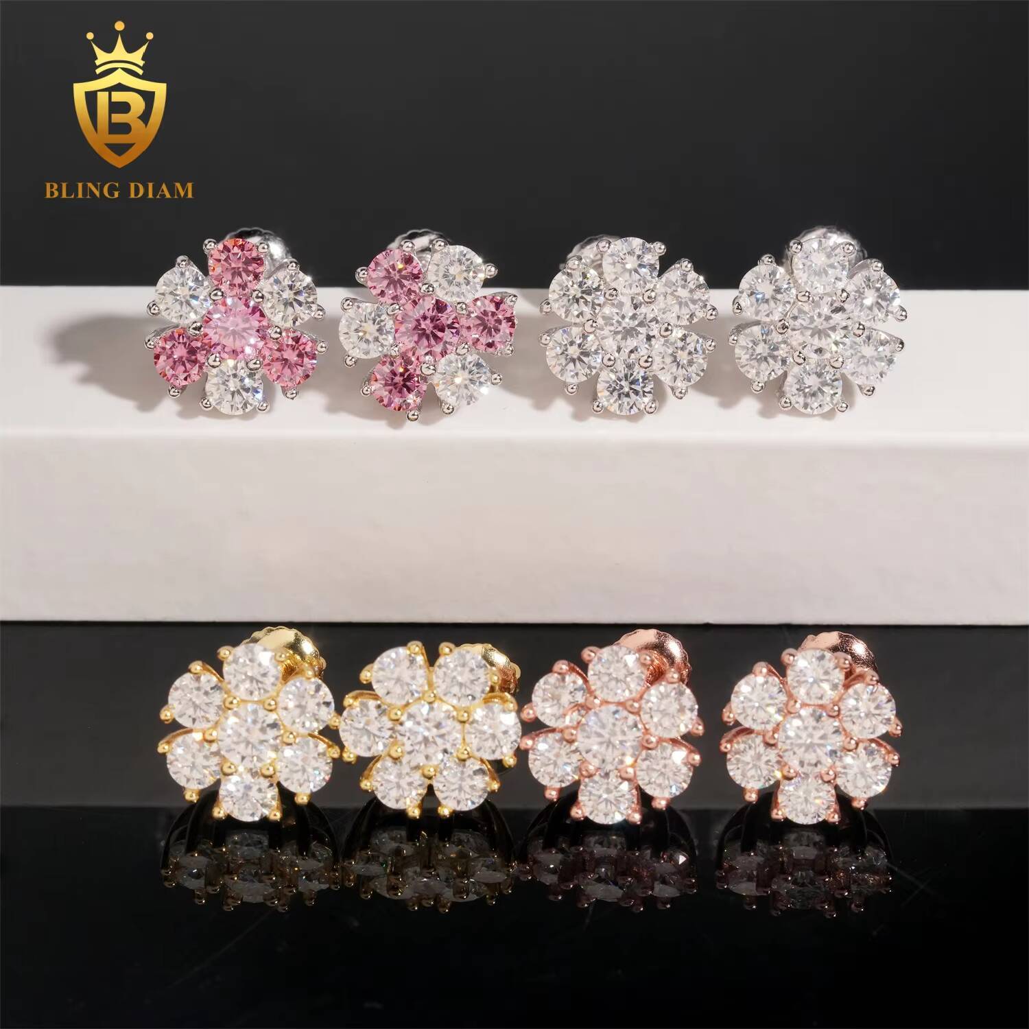 Fashion Screw Back Iced Out Cluster Flower 925 Silver Earrings VVS Moissanite Fine Jewelry Hip Hop Women Earrings