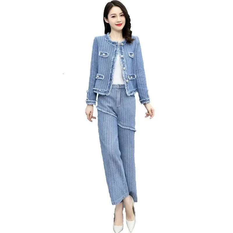 Retro V-Neck Denim Jacket Wide-Leg Pants Suit Womens Spring Autumn Long-Sleeved Jacket Two-Piece Suit Female Sets Jeans 250808