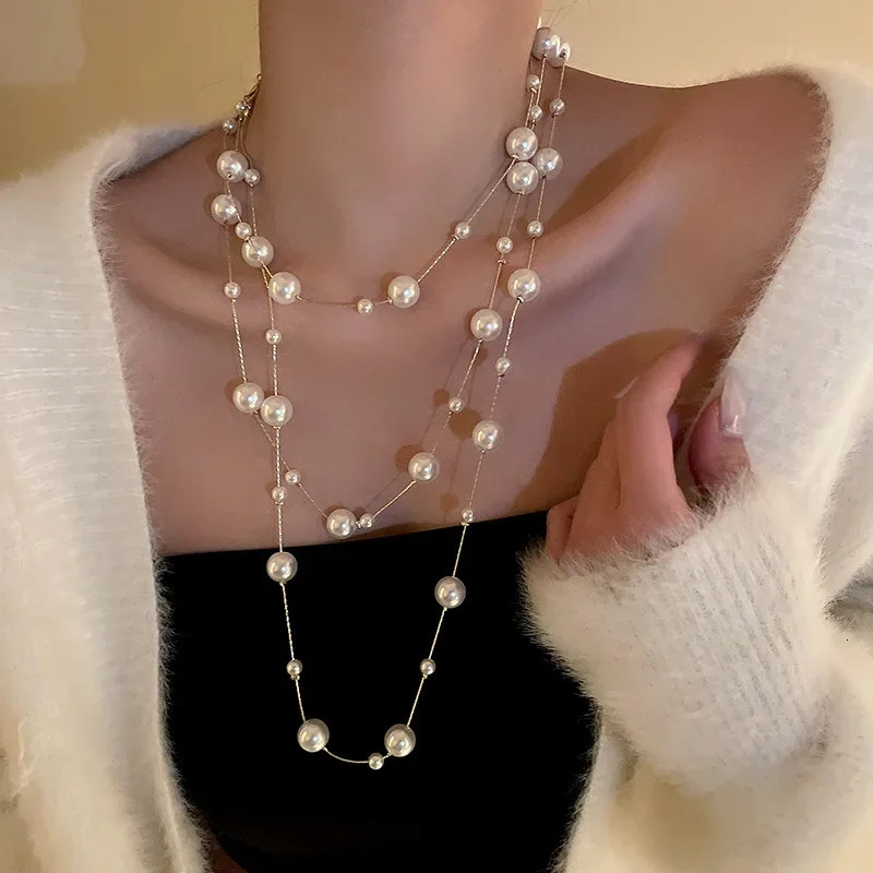 Long Pearl Necklace Multi-layer Sweater Chain Trendy Temperament Niche Clavicle Chain Delicate Gentle Women Jewelry 250807