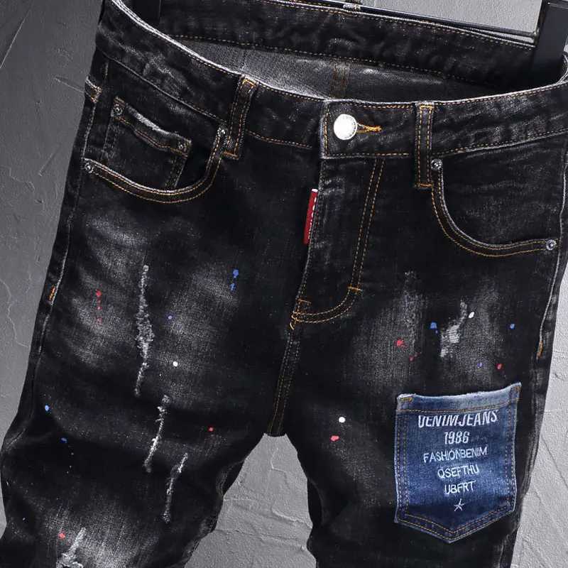 Street Fashion Men Jeans Retro Black Gray Stretch Slim Fit Painted Ripped Jeans Men Pocket Designer Vintage Denim Pants Hombre X250812