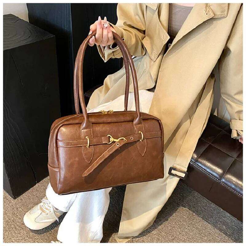 Fashion PU Women's Shoulder Underarm Bag design Retro Female daily Casual handbag commuting Boston Bowling bag