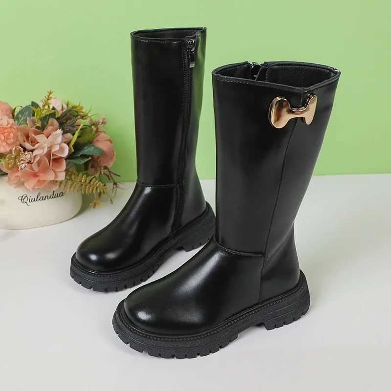 Girls Long Boots Black Fashion Kids Leather High Boots 2024 Autumn Winter Fashion Warm Fur Children Motorcycle Boots Classic XJ250812