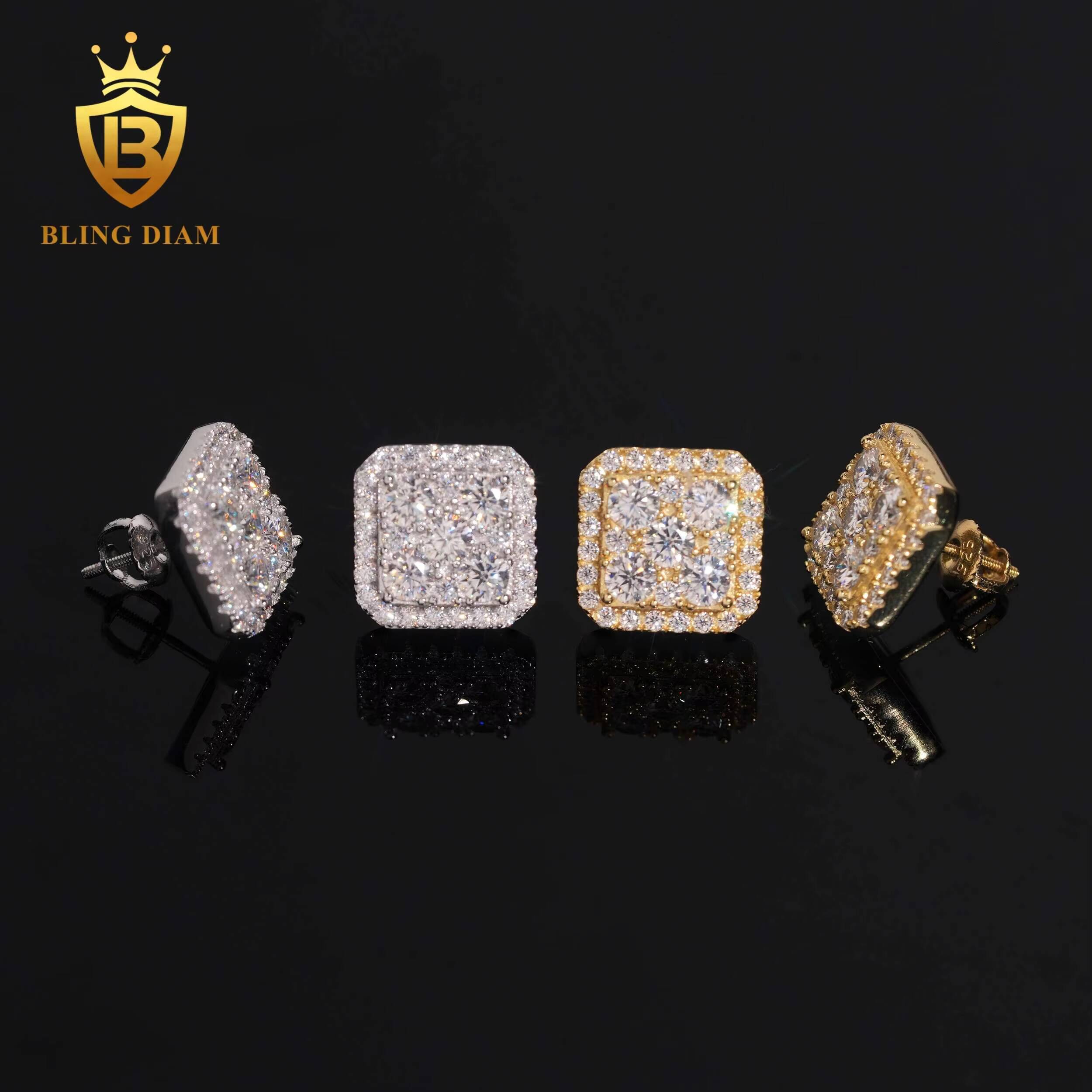Trendy Jewelry Wholesale 925 Silver Gold Plated Vvs Moissanite Diamond Square Earrings Screw Back Stud Cluster for Man Women