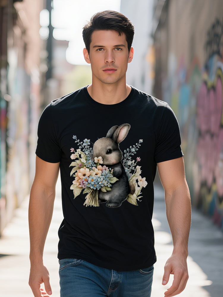 Men s Casual Crew Neck T Shirt with Adorable Bunny and Floral Print Soft Fabric Short Sleeve Design Perfect Gift for