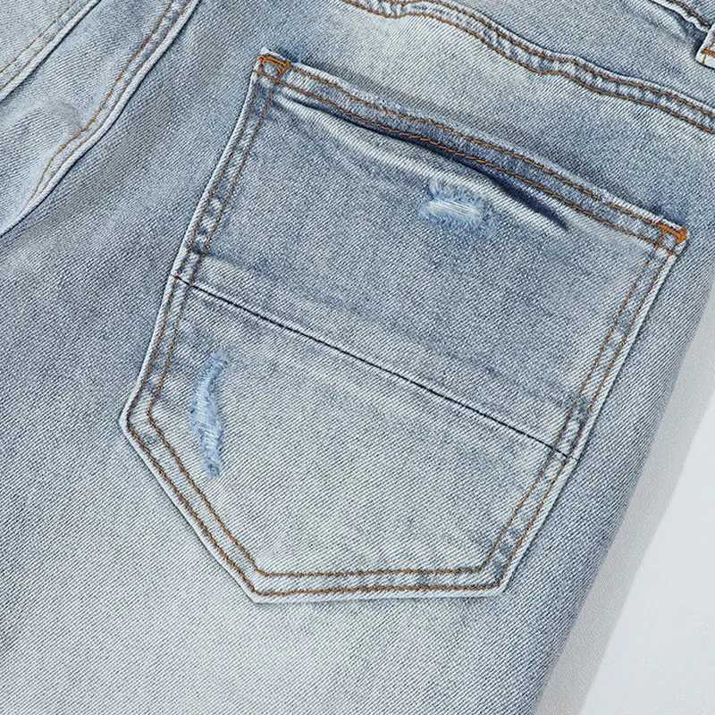 Street Fashion Men Jeans Retro Light Blue Stretch Skinny Fit Ripped Jeans Men Pink Leather Patched Designer Brand Hip Hop Pants X250812