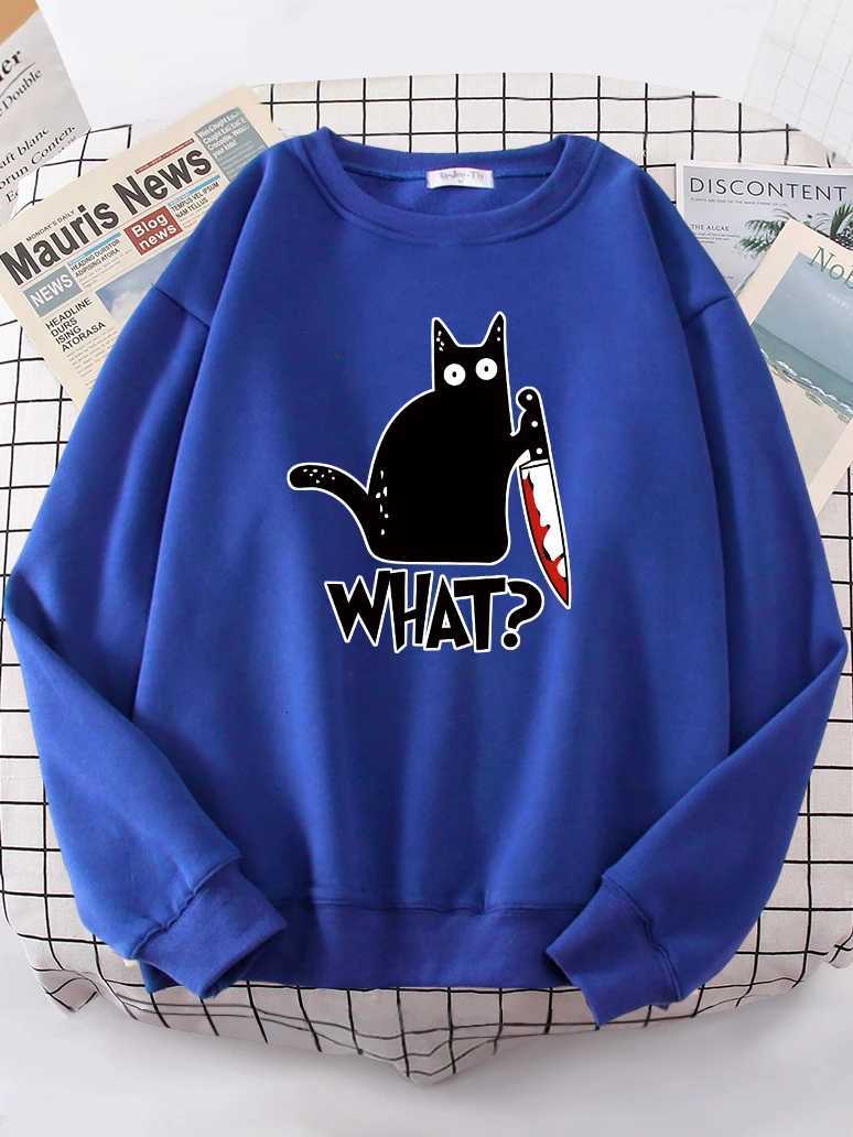Kitchen Knife Black Cat Wha? Women Sweatshirt Harajuku Casual Hoody Fashion Loose Hoodie Soft Warm vintage Fleece Female Tops Y250811