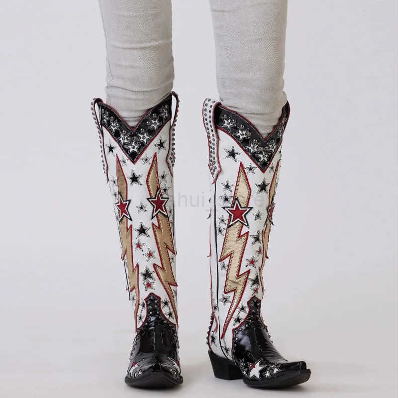 White Western Boots Ethnic Retro Knights Boots Fashion Five-pointed Star Cowgirl Boots M250812