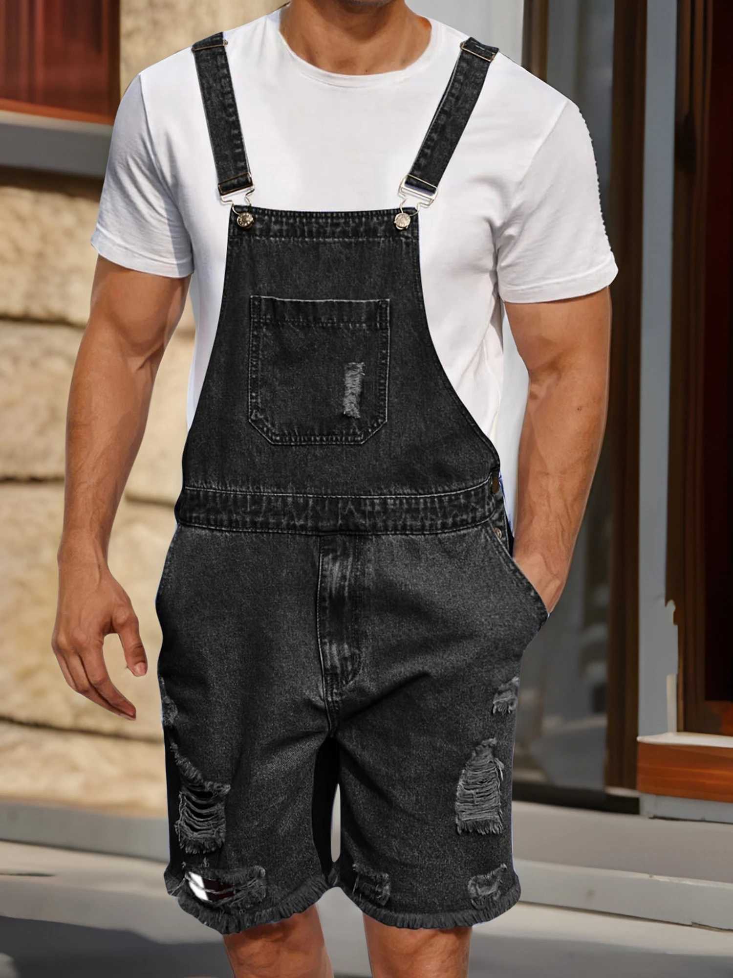 Men s Distressed Denim Overall Shorts Sleeveless Solid Color Loose Fit Jumpsuit for Casual Summer Wear X250812