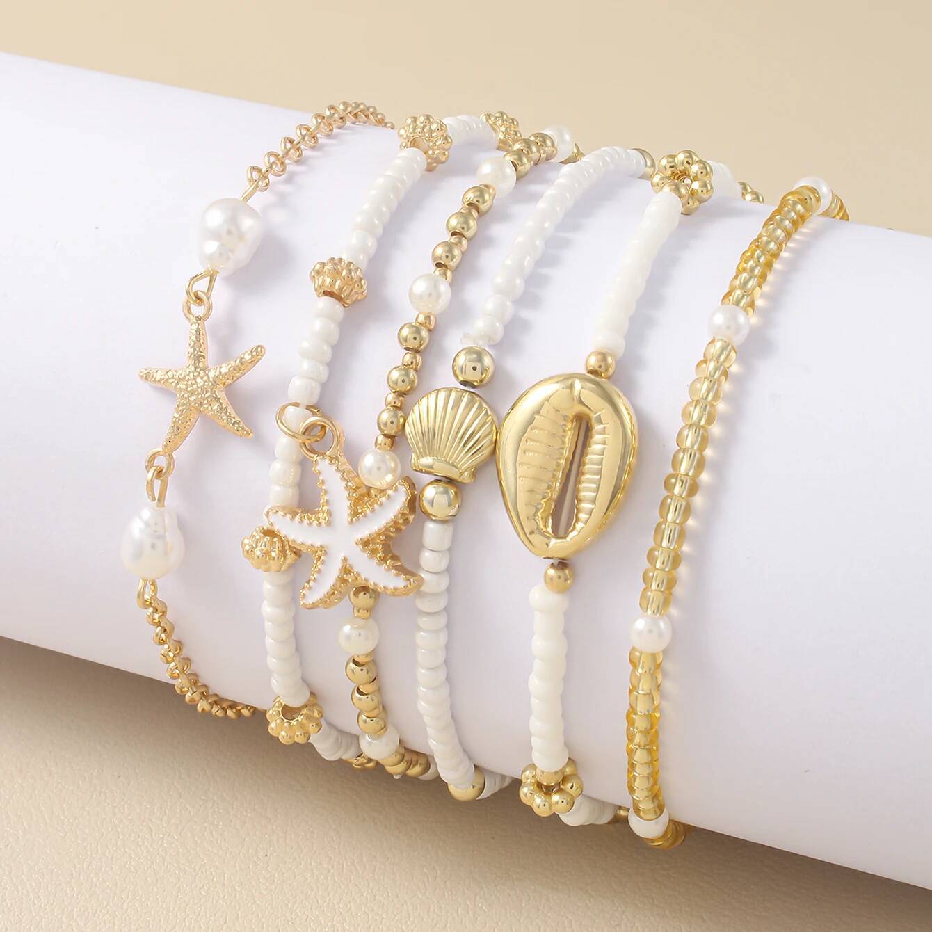 Vintage Seed Bead Stacked Bracelet Set Starfish Shell Embellishment Bracelets Elegant Women's Summer Beach Party Ideal Jewelry