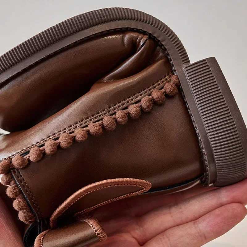 Tsute Pompom PU Leather Kids Ankle Boots Super Warm Velvet Winter Shoes Girl Low Heel Fashion Butterfly-Knot Student Shoes G10234 XJ250812