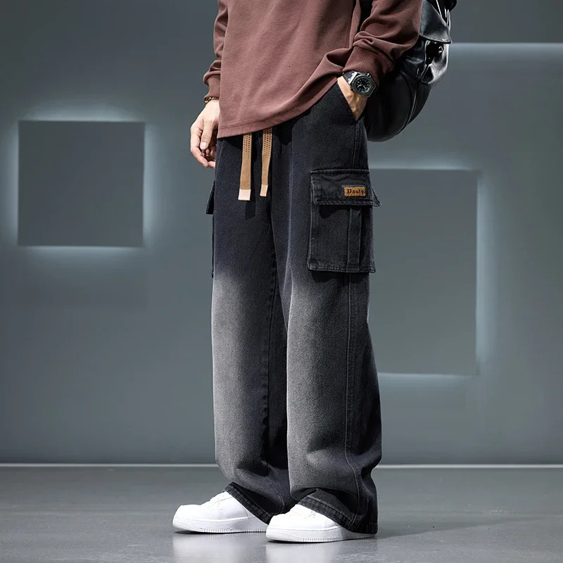 Autumn Wide Leg Washing Jean Pants Men Trousers Neutral Solid Color Loose Casual Fashion Pocket Cargo Pants Big Size 8xl 250811
