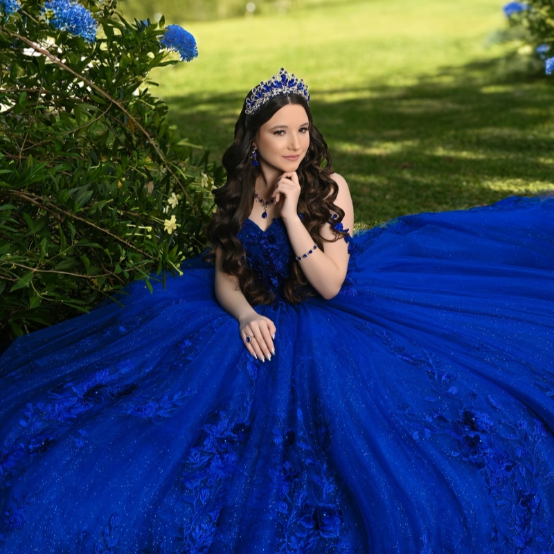 Royal Blue Shiny Quinceanera Dresses Off The Shoulder Applique Flower Beads Tull Party Birthday Ball Gown Vestidos De 15 Anos Sweet 16 Dress