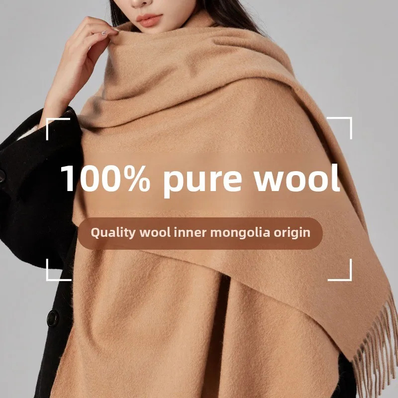 100% Pure Wool Scarf Autumn Winter Minimalist Fringe Ends Warm Shawl Fashion Classic Large Size 200cm Simple Scarf 250812