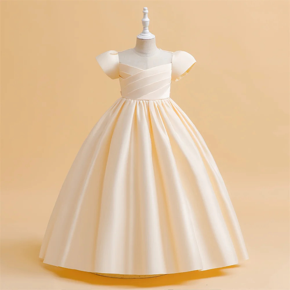 Elegant Satin White Bridesmaid Girl Party Dress Cerenony First Communion Wedding Princess Prom Kids Dress for Girl Birthday Gown 250811
