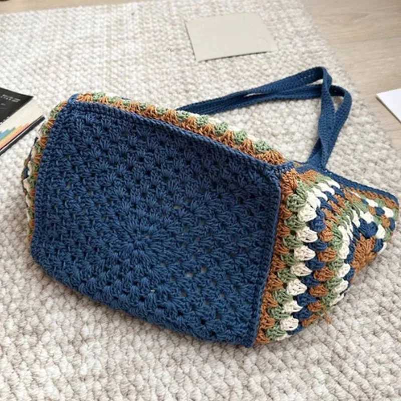Granny Square Straw Shoulder Bag Boho Ethnic Contrast Color Crochet Women Tote Bag Roomy Summer Beach Vacation Handwoven Handbag Z250812