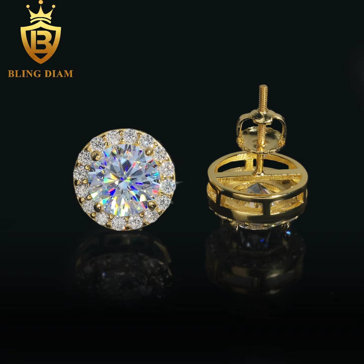 Wholesale Jewelry 925 Sterling Silver Gold Plated Vvs Moissanite 8mm Diamond Earrings Stud Cluster for Trendy Men Women