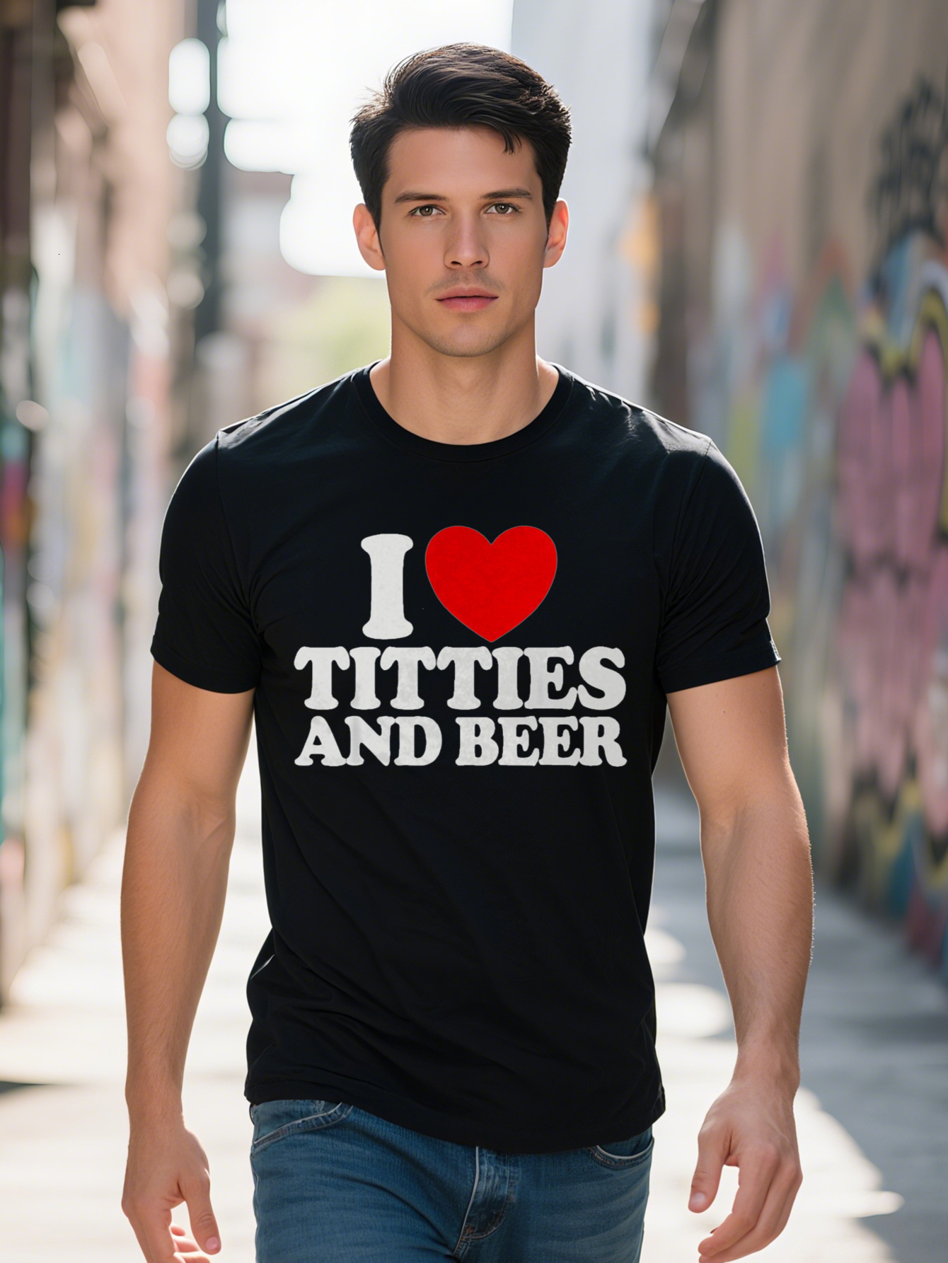 Men S Casual Crew Neck T-Shirt I Love Titties and Beer Print Knit Fabric Slight Stretch Regular Fit Summer