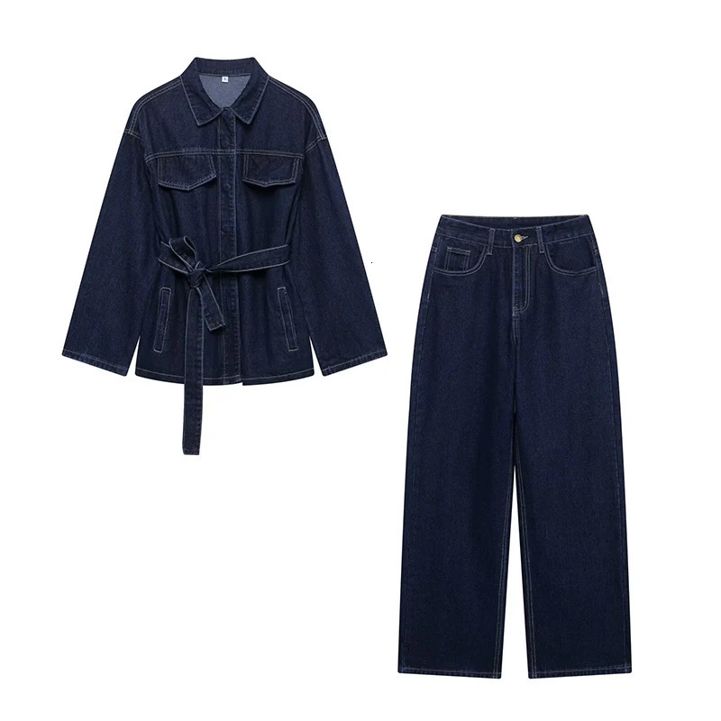 Willshela Women Fashion 2 Piece Set With Belt Denim Solid Jackets Vintage Front Zipper Trousers Feamle Chic Lady Pants Sets 250808