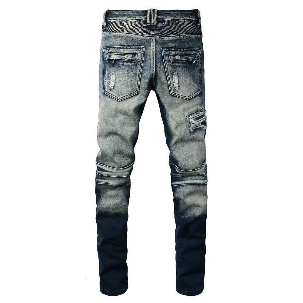 Mens Biker Jeans for Motorcycle Holes Ripped Distressed Patch Pants Stretch Denim Cotton Slim Straight Trousers High Quality X250812