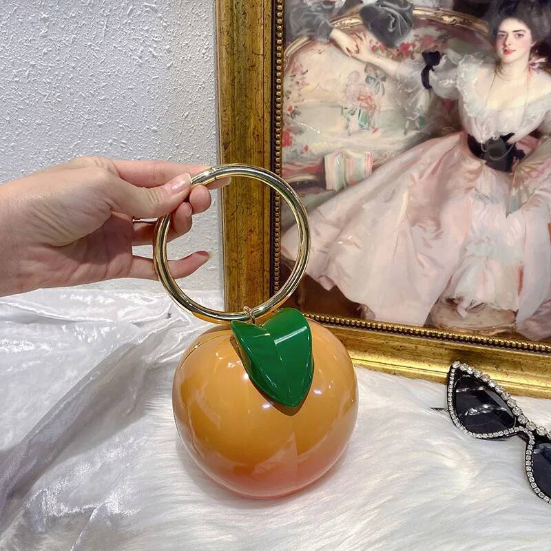 Creative Yellow Peach Design Women Handbags Acrylic Box Clutch Evening Party Purse Cute Chains Shoulder Crossbody Bag