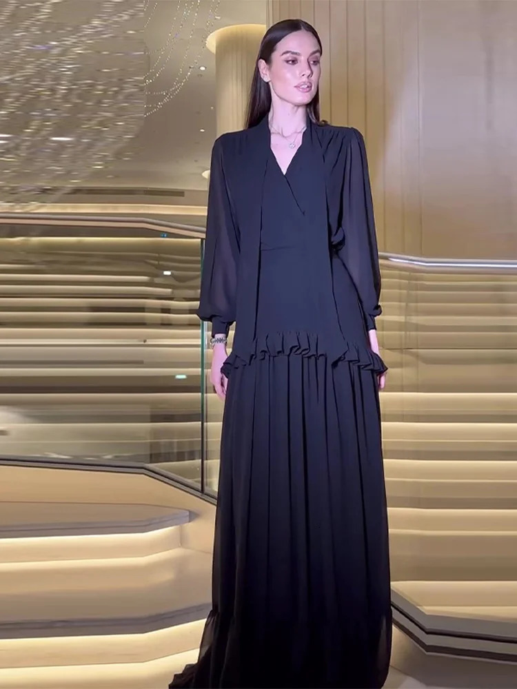 Women Chiffon V-Neck Wrap Top Set Tie Lantern Sleeve Blouse Ruffled Tiered Maxi Skirt Fashion Elegant Suit Chic Lady Outfit 250811