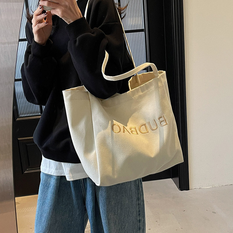 New Embroidered Letter Canvas Shoulder for Women, Large Capacity Mommy Casual Tote Bag, Student Shopping Bag
