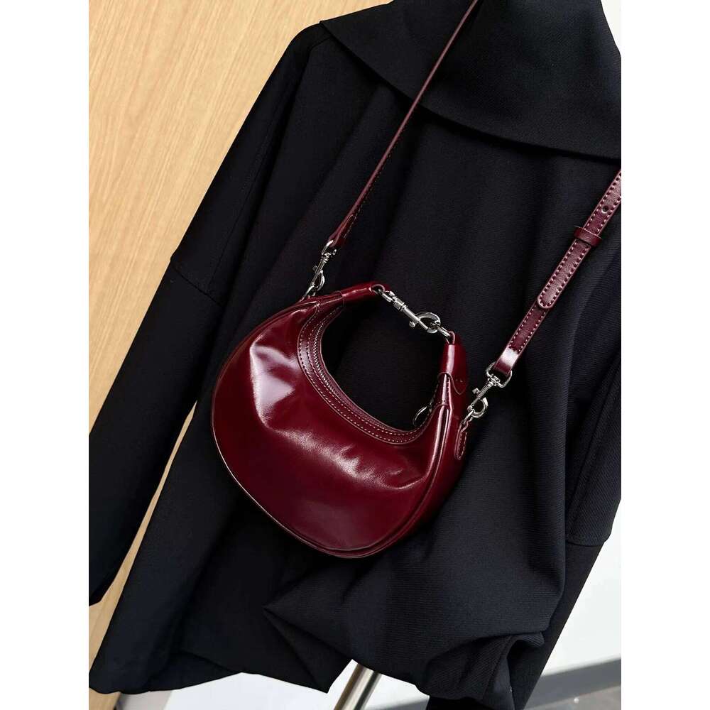 New Wine Red Commonly Used Half Moon Tote Glossy Oil Wax First Layer Cow Leather Women Crossbody Small Female Shoulder Bag