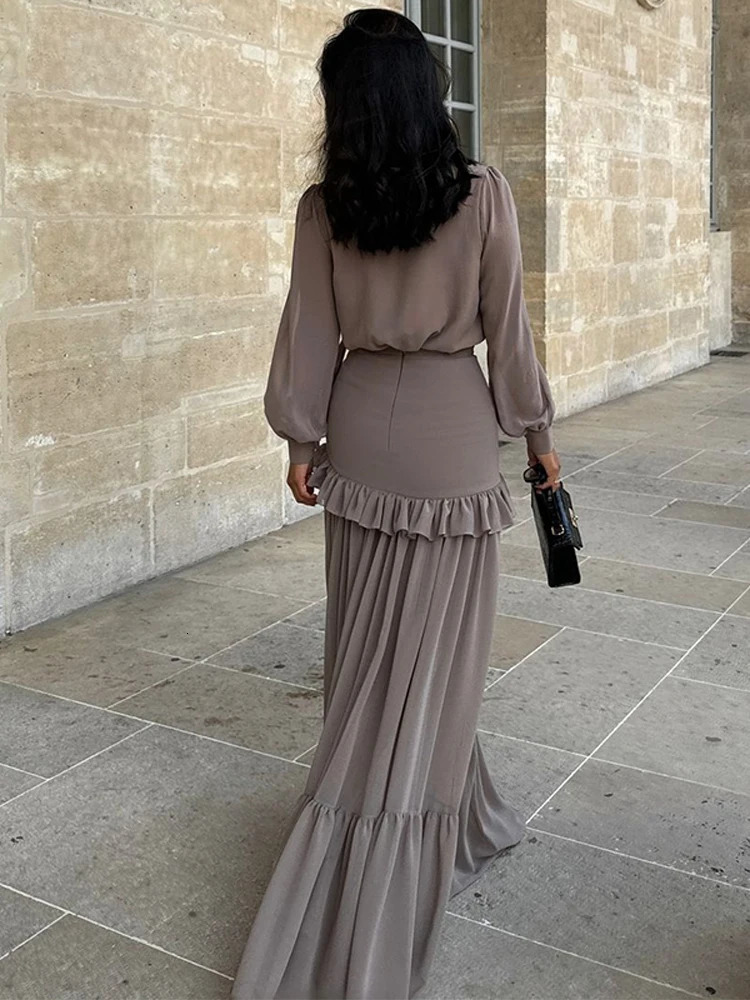 Women Chiffon V-Neck Wrap Top Set Tie Lantern Sleeve Blouse Ruffled Tiered Maxi Skirt Fashion Elegant Suit Chic Lady Outfit 250811