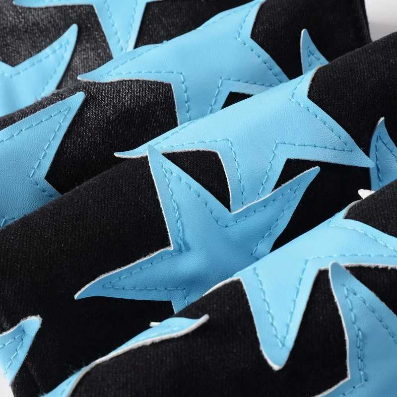 Men Sky Blue Leather Stars Patches Jeans Streetwear Black Stretch Denim Skinny Tapered Pants with Holes Ripped Trousers X250812