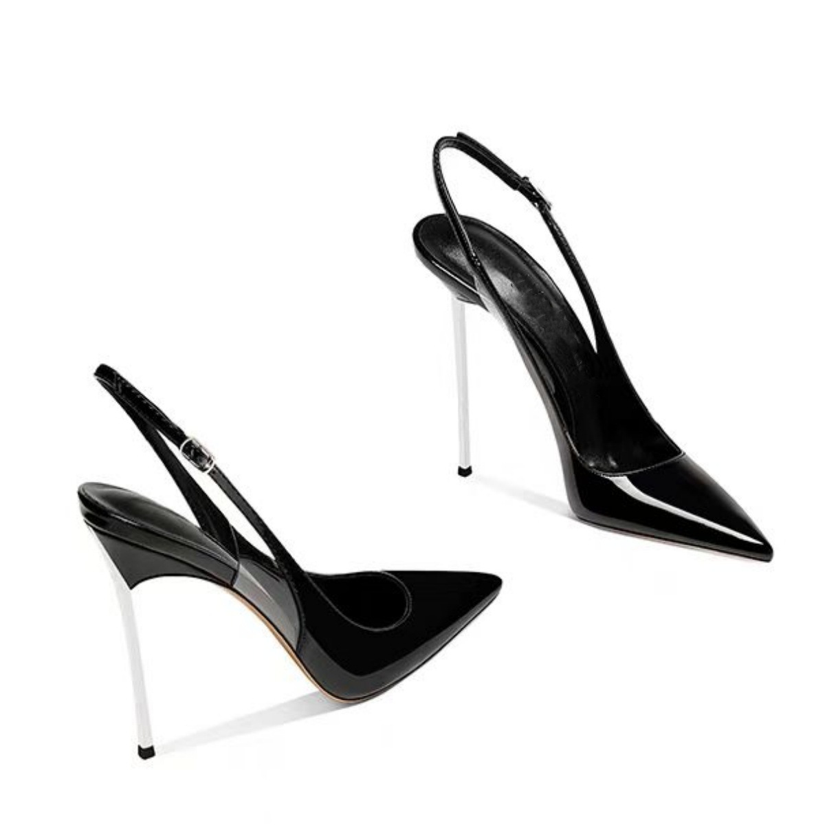 Metallic Heel Pointed Toe Sandals - Wide Fit Size 47 Glossy PU Ankle Strap (Peacock Blue/Nude/Black)